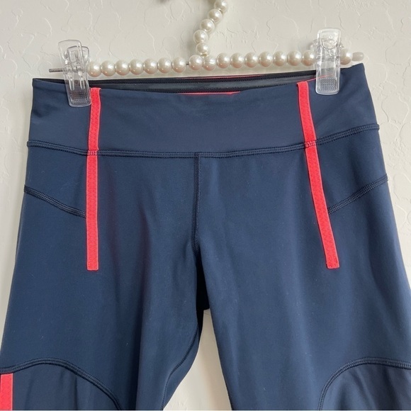 Lululemon Women's Crane Crop Leggings Athletic Inkwell Navy Blue Neon Orange 6 - Picture 3 of 7